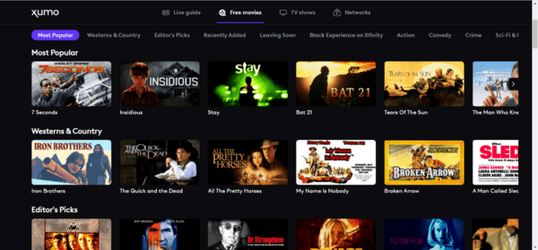 Xumo TV homepage