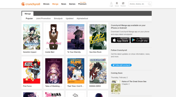crunchyroll-manga homepage