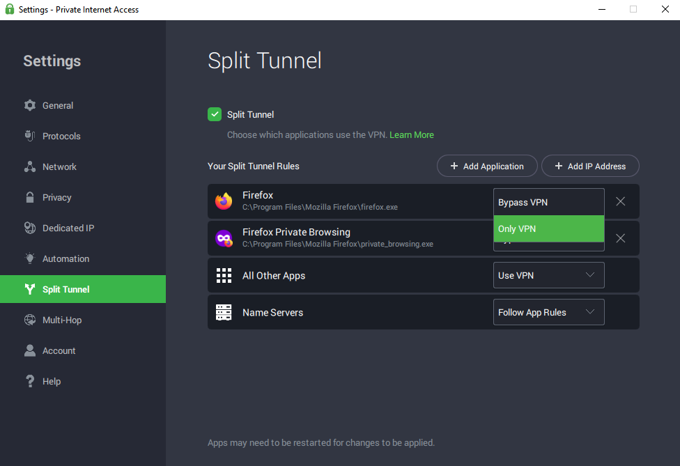 Private Internet Access split tunneling review