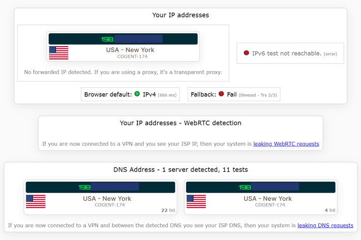 IP leak test of Browsersec VPN